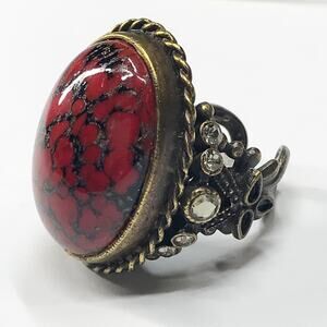Ollipop USA Vintage Cocktail Chunky Large Ring Adjustable Red Black Stone Brass